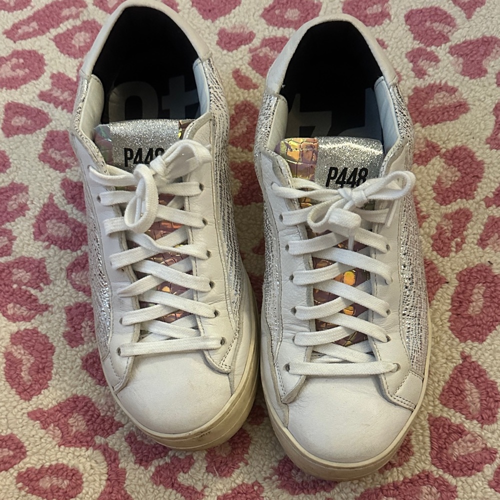 P448 White and Silver Textured Sneakers